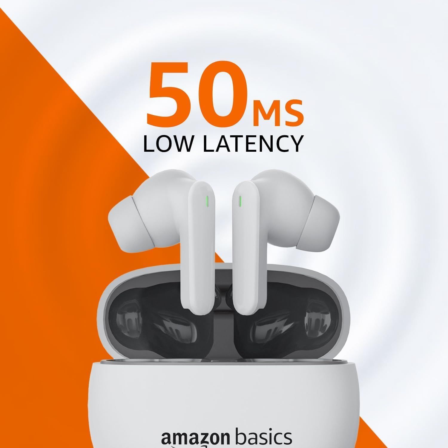 amazon basics True Wireless in-Ear Earbuds with Mic, Low-Latency Gaming Mode, Touch Control, IPX5 Water-Resistance, Bluetooth 5.3, Up to 60 Hours Play Time, Voice Assistance and Fast Charging (White). 