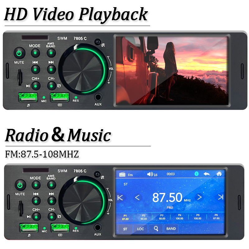SINOVCLE Car Radio Audio 1 din 4.1” Touch Screen Bluetooth Stereo Mp3/Mp5 Player FM Receiver With Colorful Lights Remote Control. 