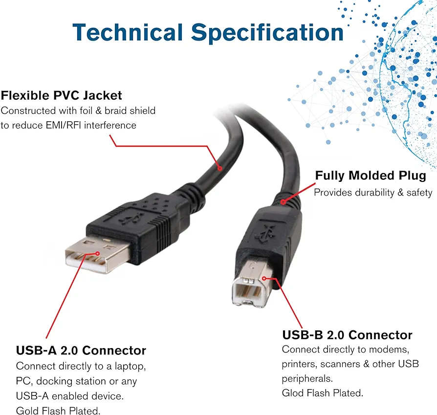 USB Cable, USB 2.0 Cable, USB A to B Cable,   (3 Meters), Black, Cables. 