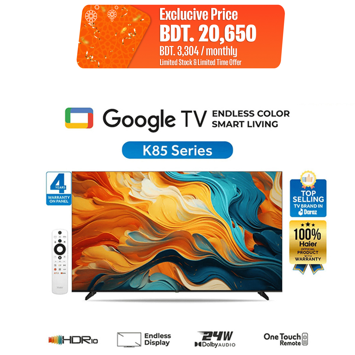 Haier 32" Bezel Less Google TV (H32K85FX) with Free Delivery