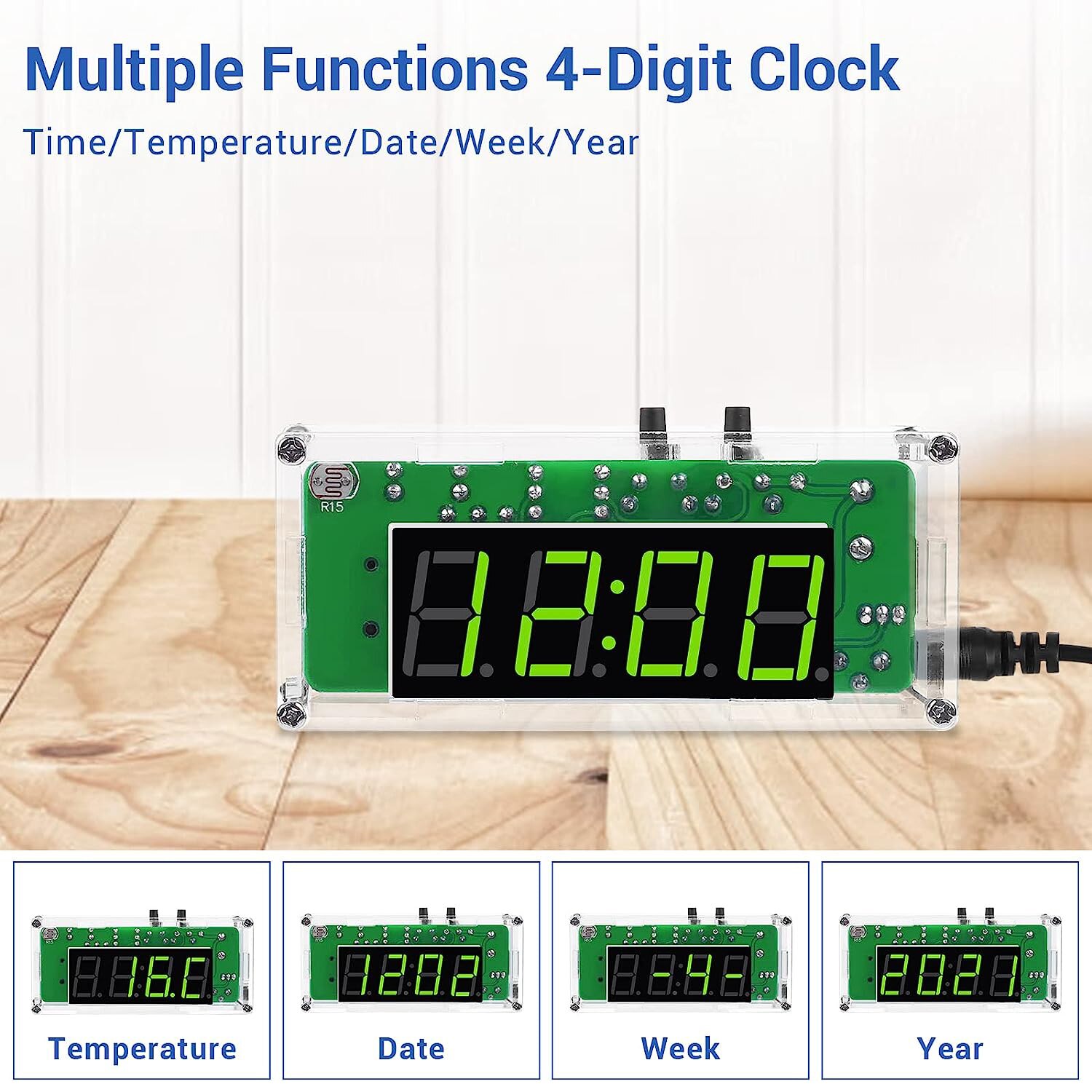 TJ-56-428 4-Digit Digital DIY Clock Kits with Acrylic Shell, DIY Alarm Clock Soldering Practice Kit for Learning Electronics. 