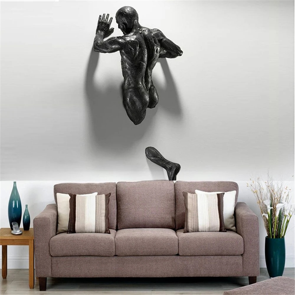 New Imitation Copper Wall Decor Abstract Character Resin Rock Climbing Man Statue Sculpture Background Wall Art 3D Through Wall. 