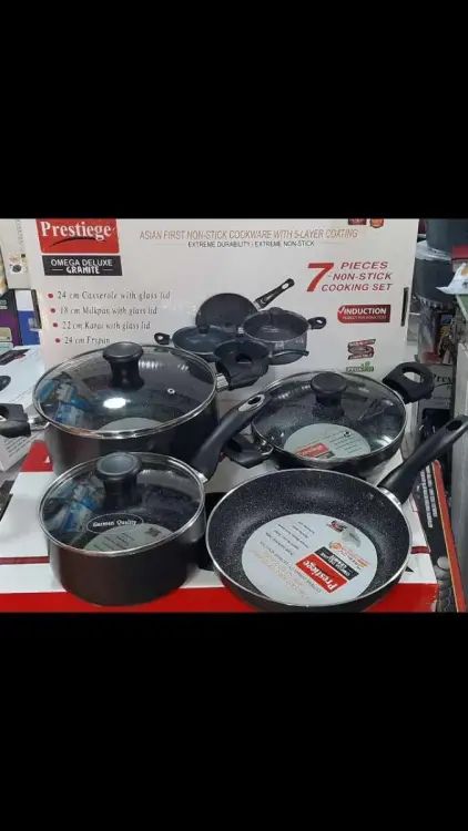 Prestiege Granite Coated 7 Pcs Non stick Cookware Set For Superior Release -1Pc Casserol, 1Pc Fry pan, 1Pc Karai, 1Pc Milk pan and 3 lids Gift And Home Use