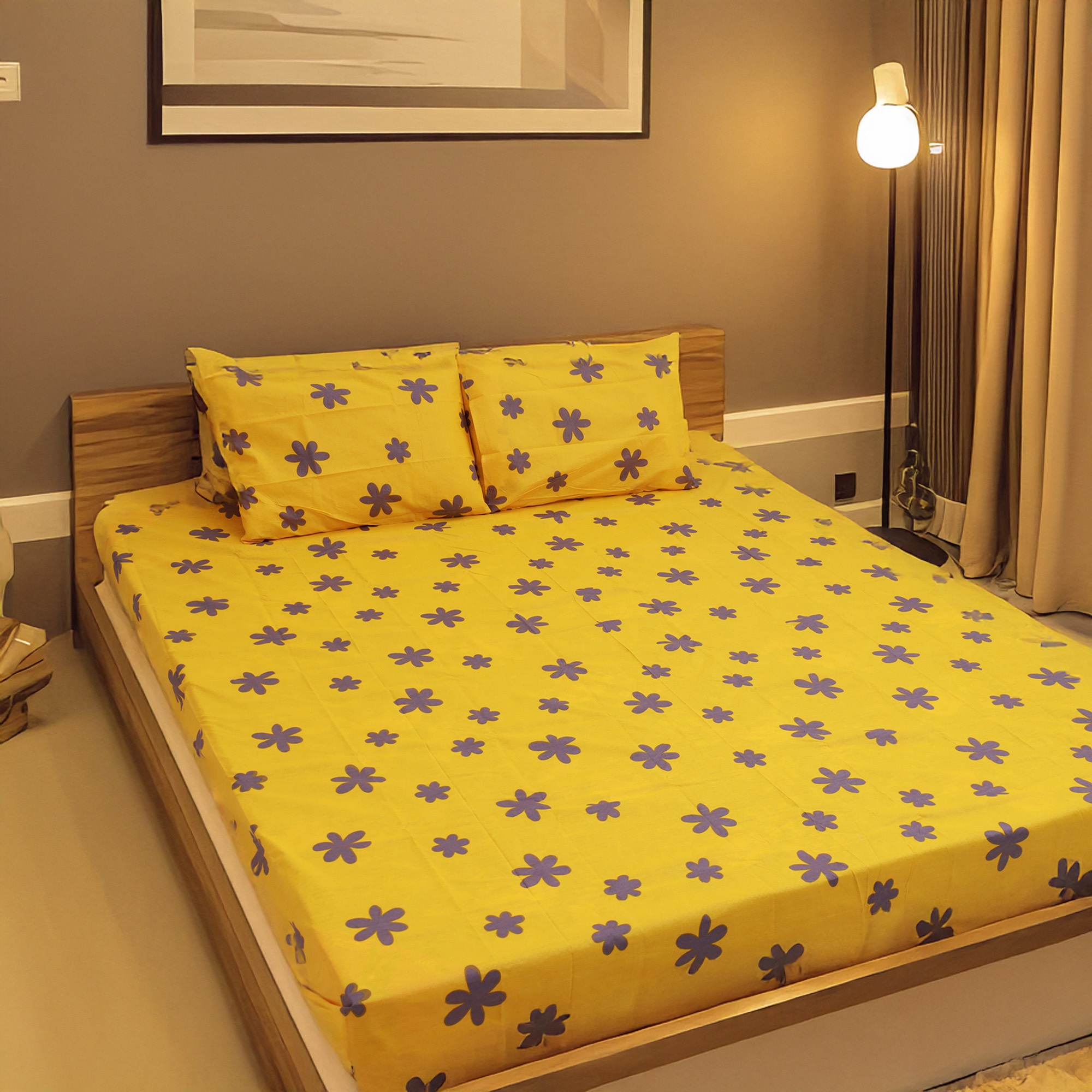 King Size Premium Bed Sheet 88" x 98" with 2 Pillow Covers | Yellow Bed Sheet with Grey Floral Print. 