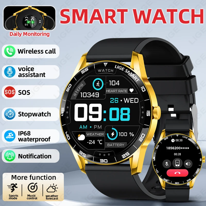 LIGE Smart Watch Sports Fitness Tracker Sleep Health Monitor Bluetooth Call Weather AI Voice Waterproof Luxury Men's Smartwatch