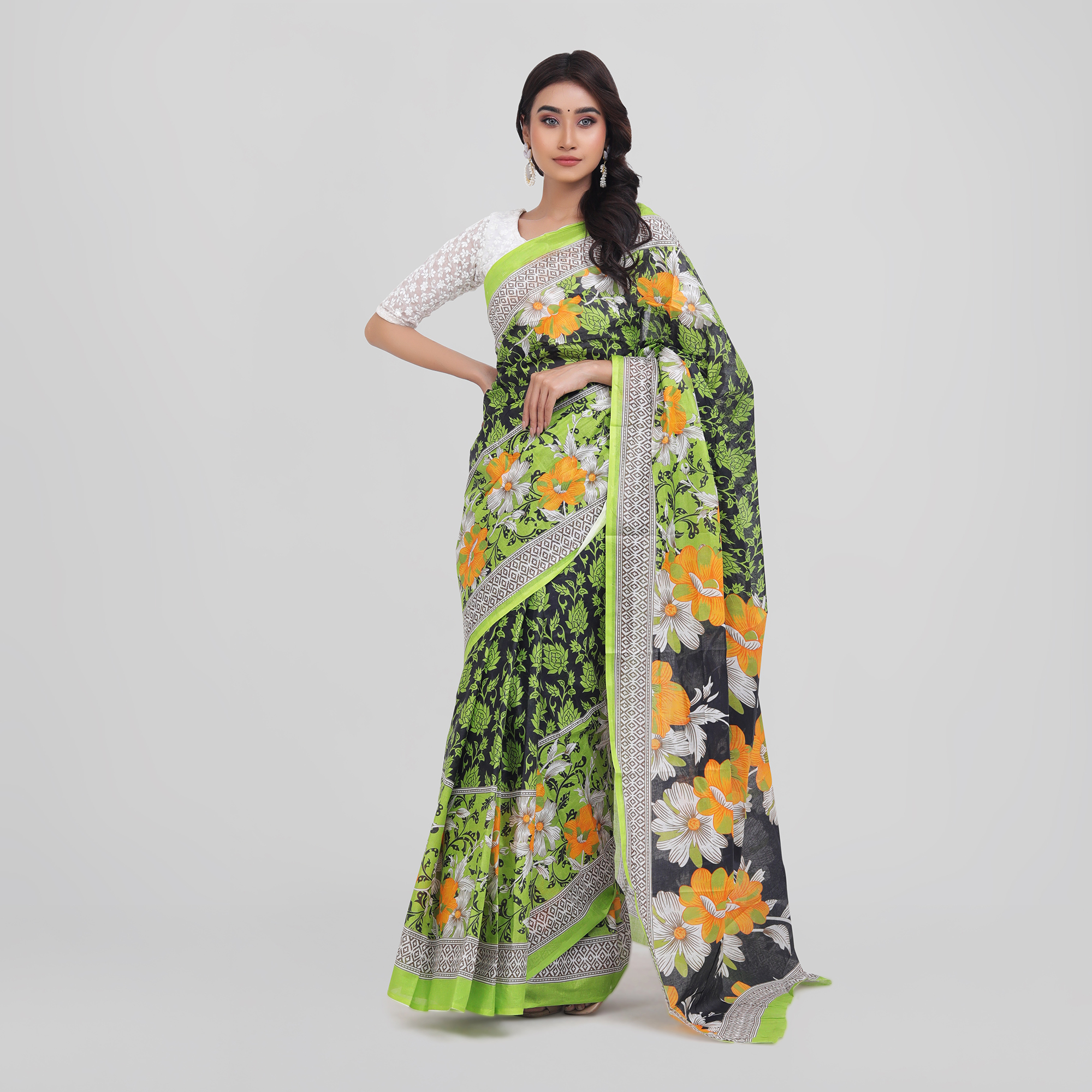 Bright Orange & White Floral Print on Olive Green Body | Digital Printed Saree | Contrast Aanchal & Border. 