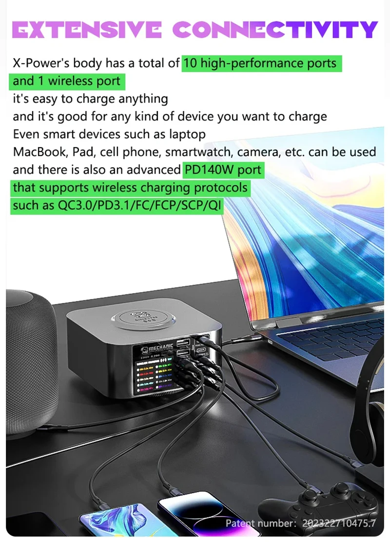 MECHANIC X-Power Plus Max Super Fast Desktop Charging Station 150W 200W 300W PD65W 15W Wireless QC3.0 Phone Quick Charging Tool. 