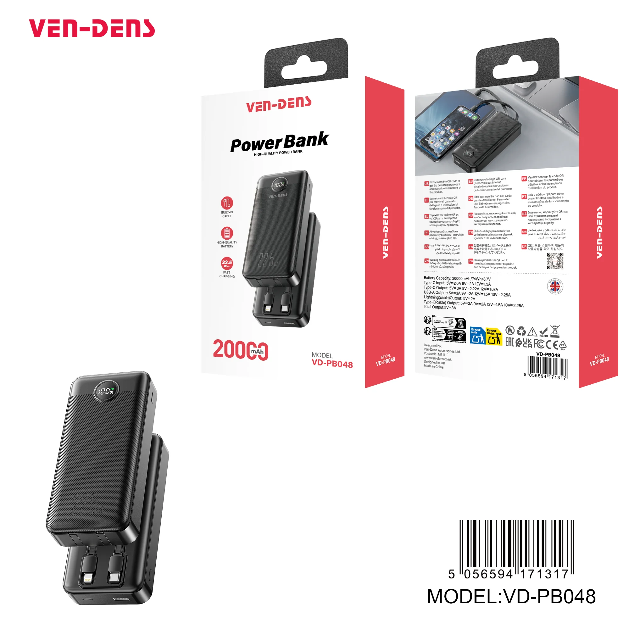 Ven Dens VD-PB048 Power Bank – 20000mAh, 22.5W Super Fast Charging, 3-Built Cable