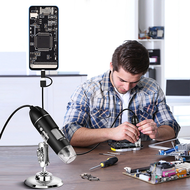 1600X 3in 1 Digital Microscope Camera with Stand Portable Electronic Microscope For Soldering LED Magnifier Type-C USB Android. 