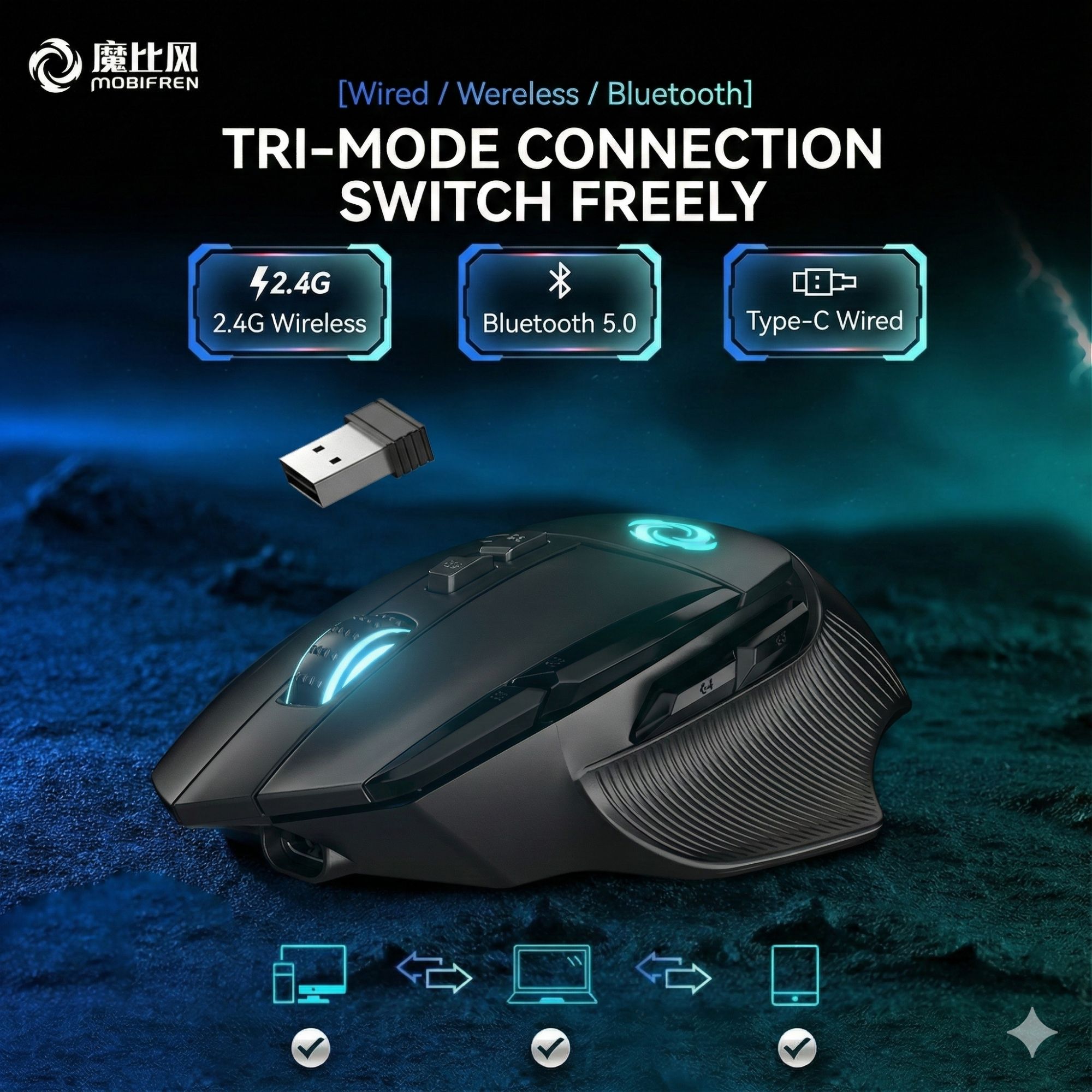 Mobifren Tri-Mode Wireless RGB Gaming Mouse - View 3