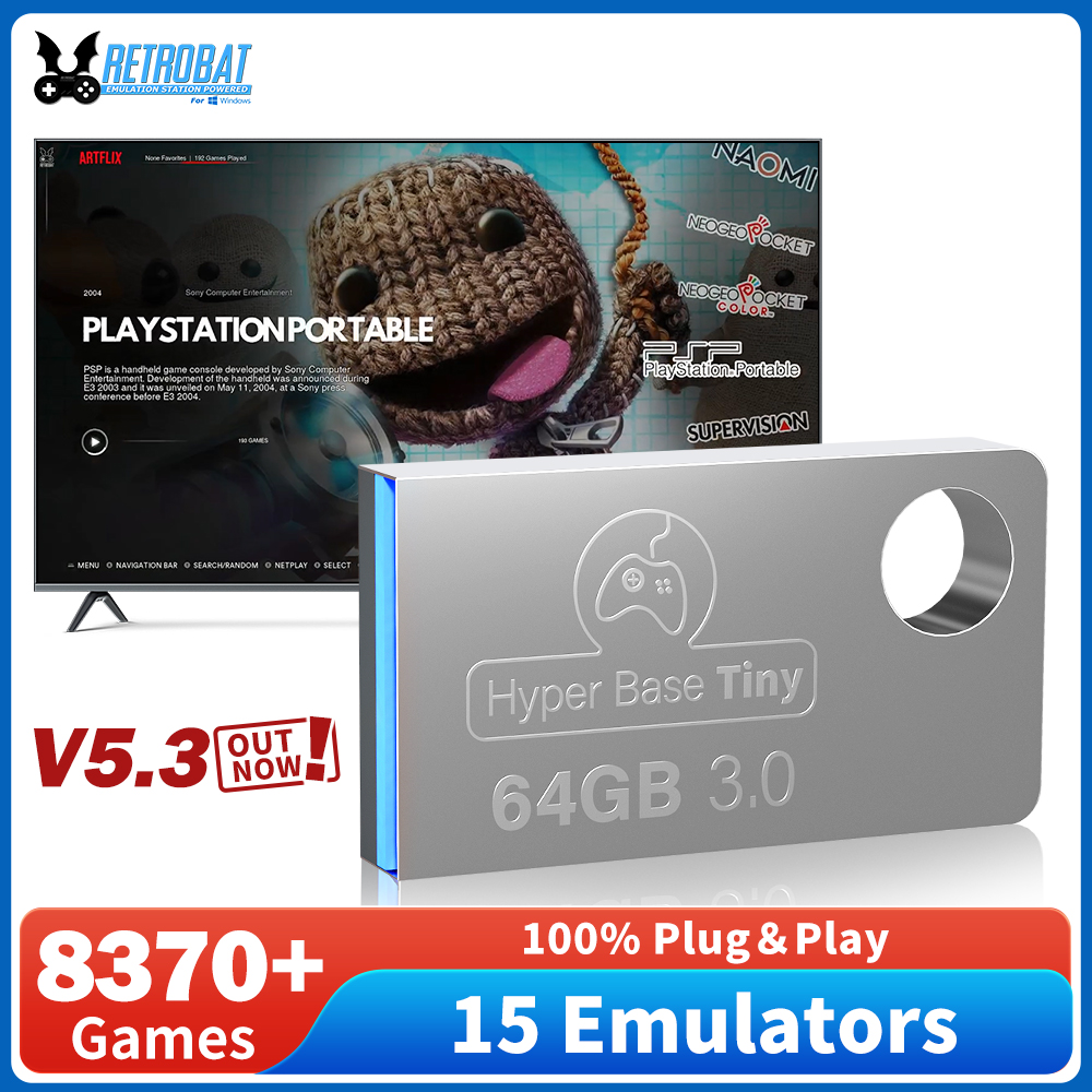 Retrobat 64G USB 3.0 Disk 15 Emulators＆8731 Retro Games for PSP/DC/N64/NES/SNES/DS/NAOMI for Windows PC/Laptop/Rog Ally HandHeld