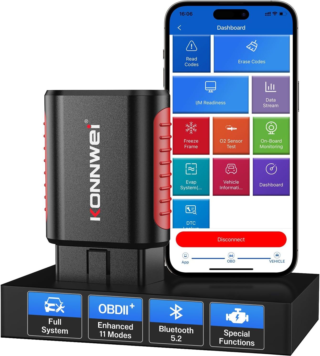 KONNWEI KDIAG Bluetooth OBD2 Scanner Diagnostic Tool for iPhone & Android Wireless Check Engine Light Car Code Reader Bluetooth 5.2 w/Full System Diagnosis, Oil Reset, Performance Test, Voltage Test. 