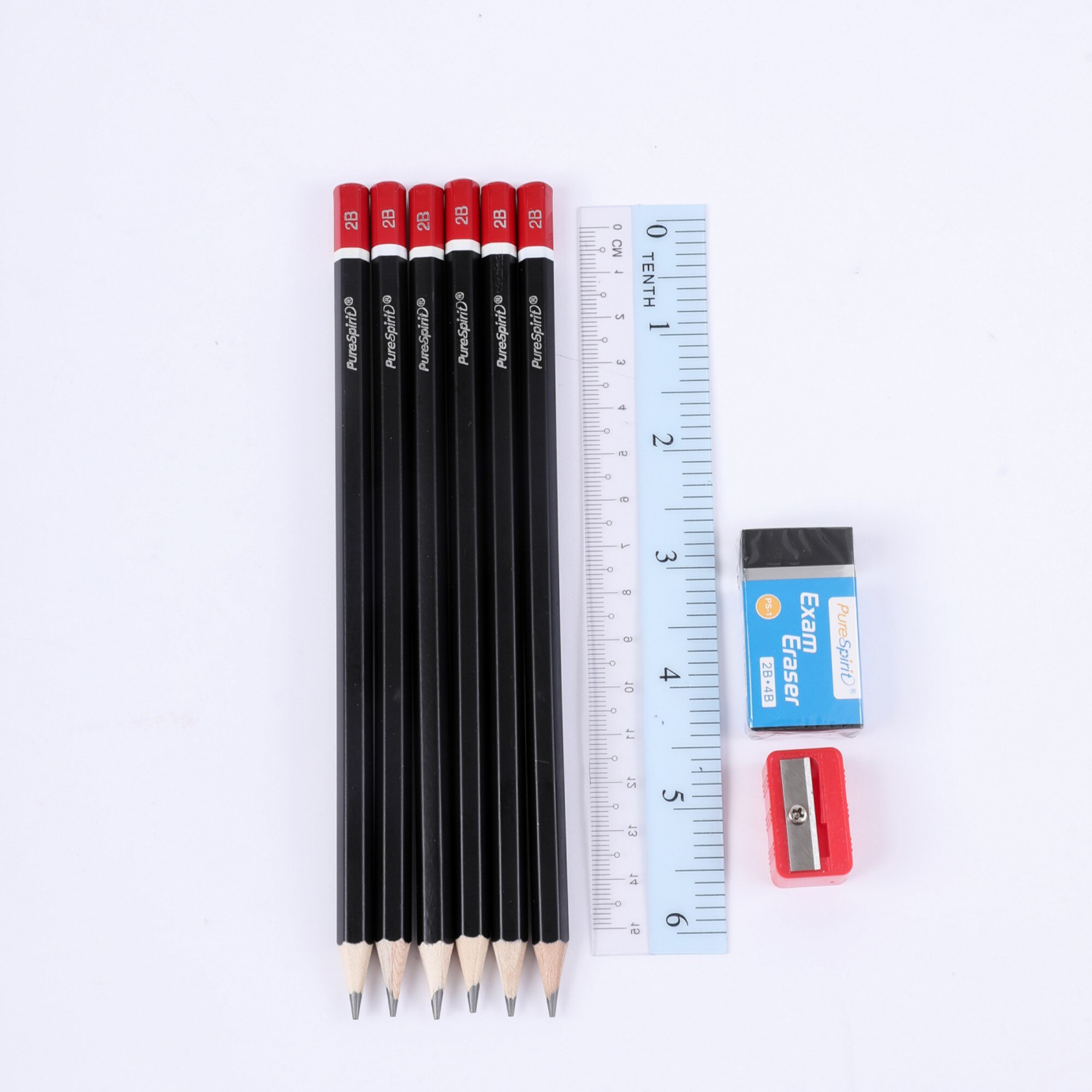 Exam Grade 2B Pencil Set 6pcs Graphite Pencils with Sharpener, Eraser & Ruler Stationery for Student School. 