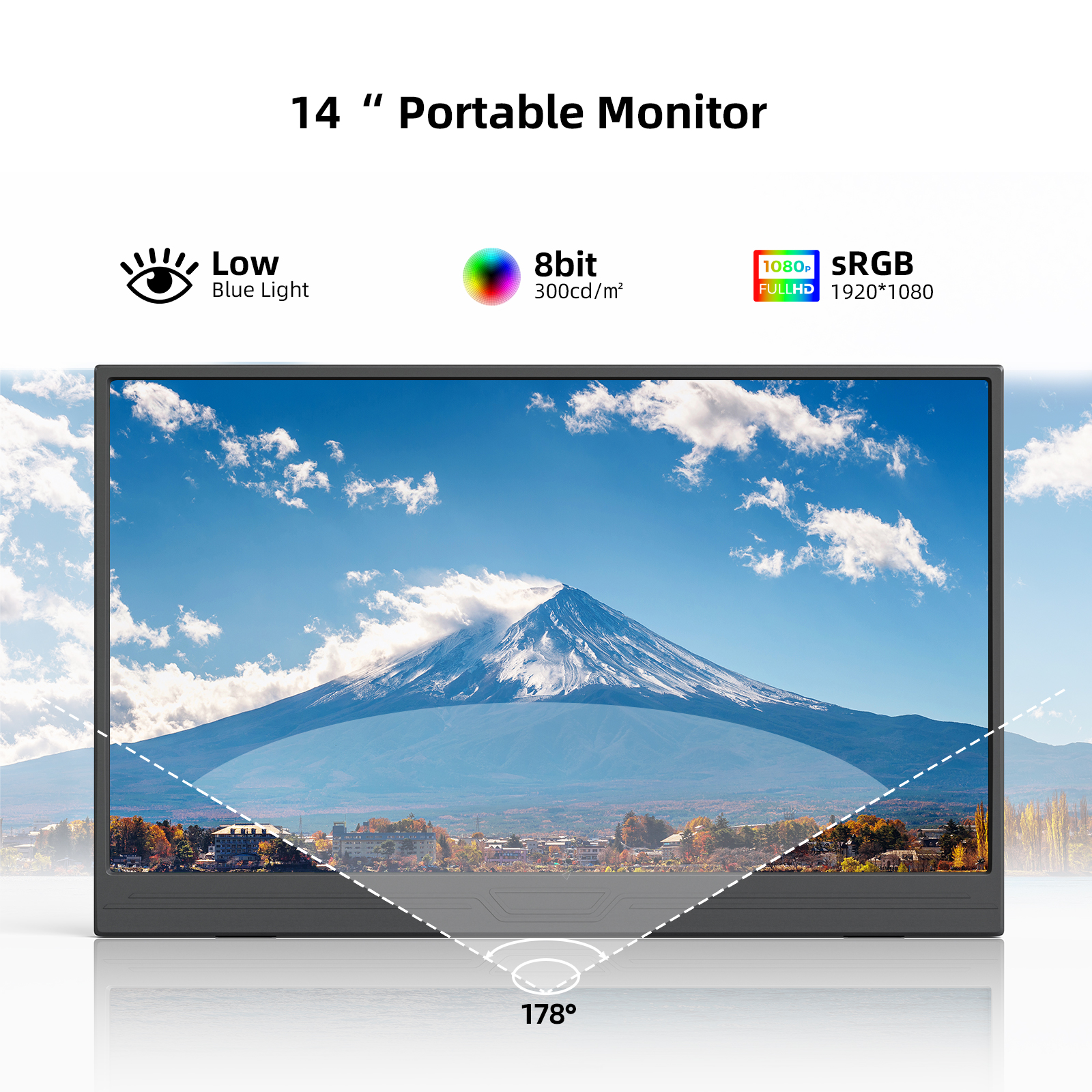 14-inch 1920*1080 Portable Monitor 400cd / m² 60HZ 16: 9 For Laptop XBox PS4 / 5 Switch  Cell  Phone  Computer Extension Office. 