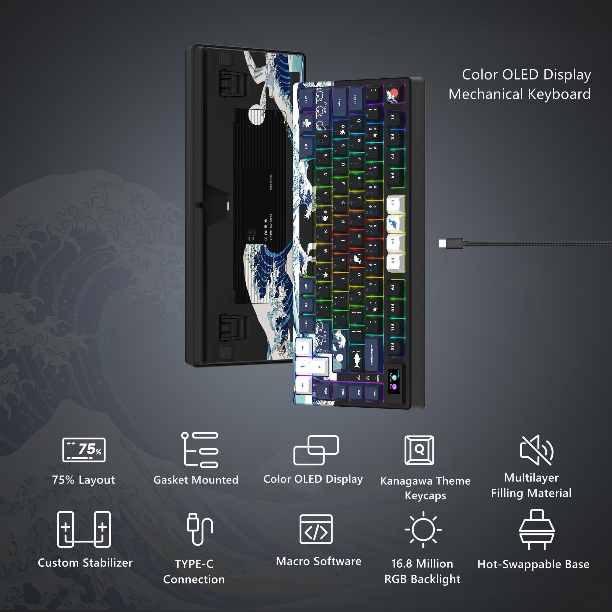 Wired Mechanical Gaming Keyboard with OLED Display Full Key Hot-Swappable Pudding RGB Backlit Keyboard for PC Computer Laptop. 