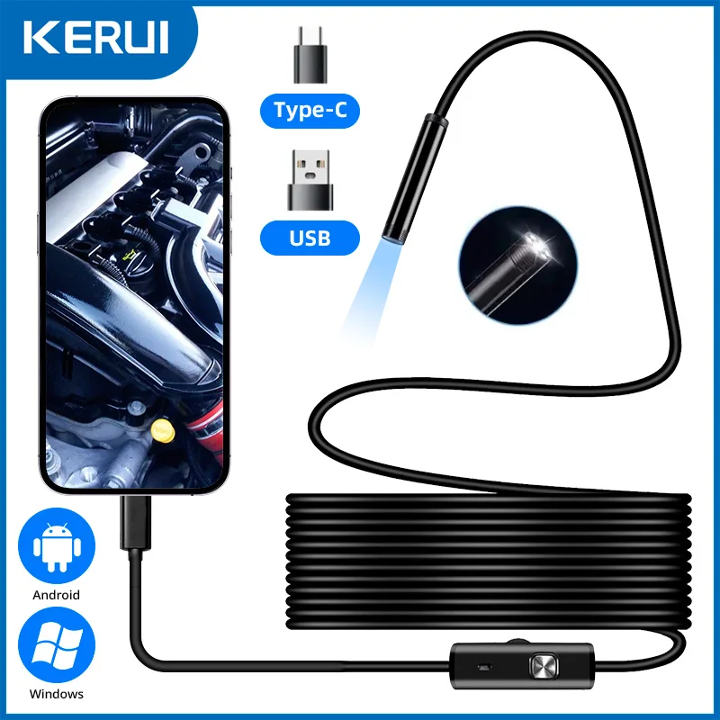 KERUI Android Endoscope Camera 2 IN1 Micro USB Type C Borescope Mini Camera Waterproof LED Car Inspection For PC