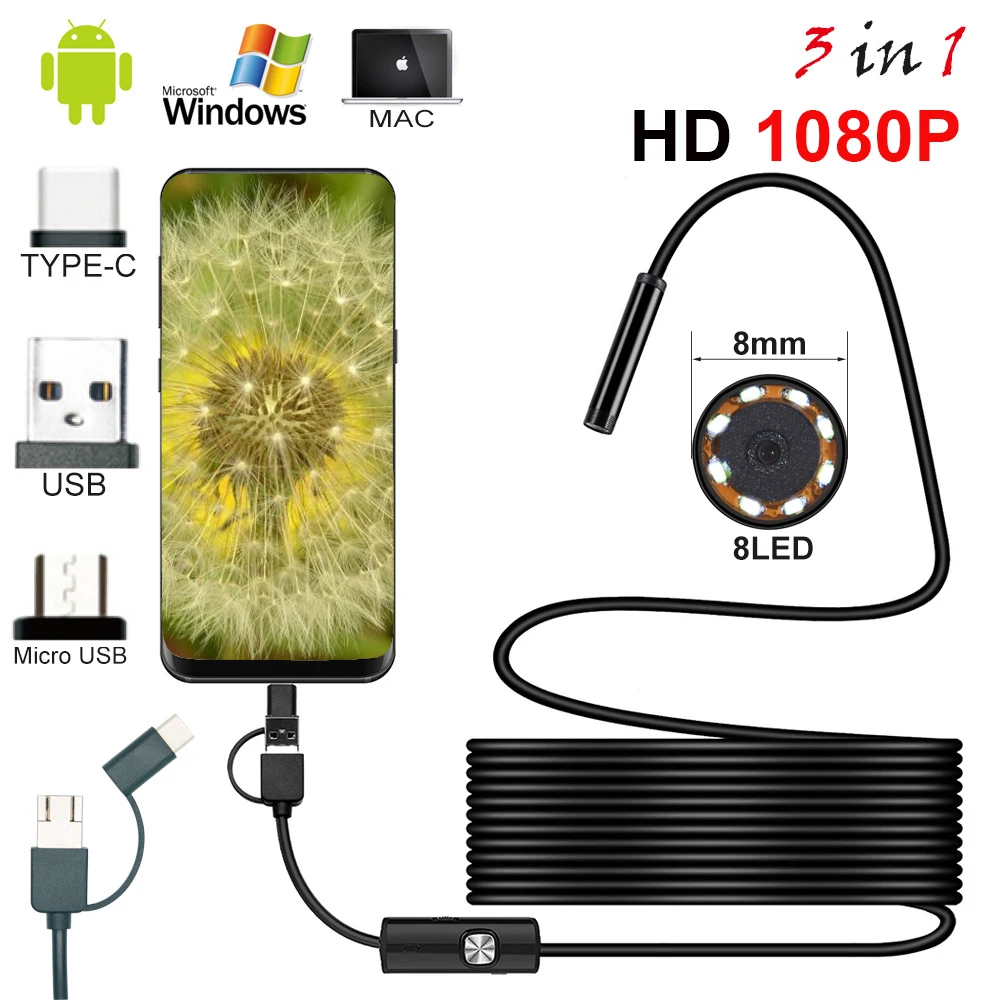 New 8mm Endoscope Camera 1080P HD USB Endoscope with 8 LED 1/2/5M Flexible Cable Waterproof Inspection Borescope for