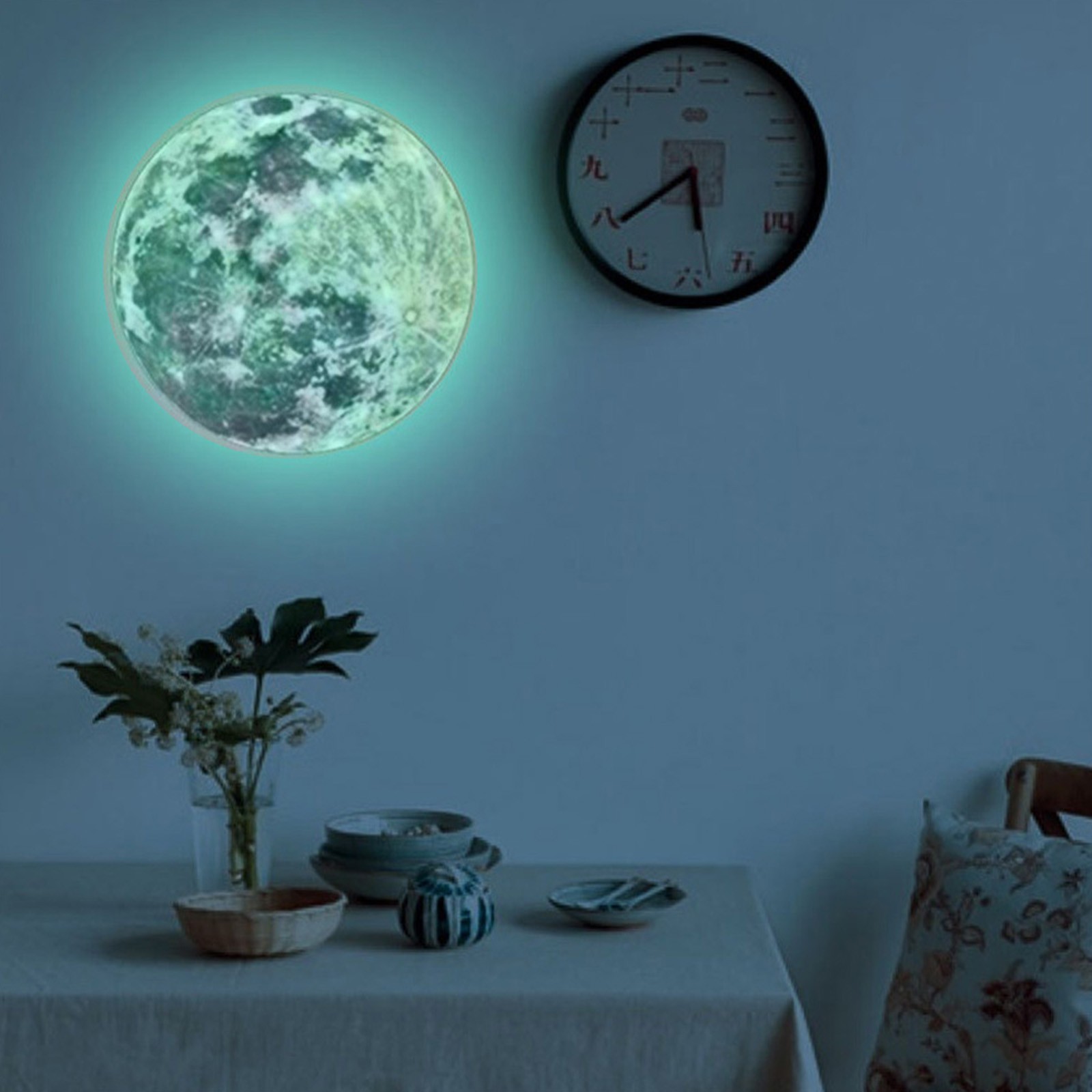 3D Large Moon Fluorescent Wall Sticker, Glow in The Dark Moon Glowing Luminous Wall Art Stickers Removable Adhesive Wall Decal