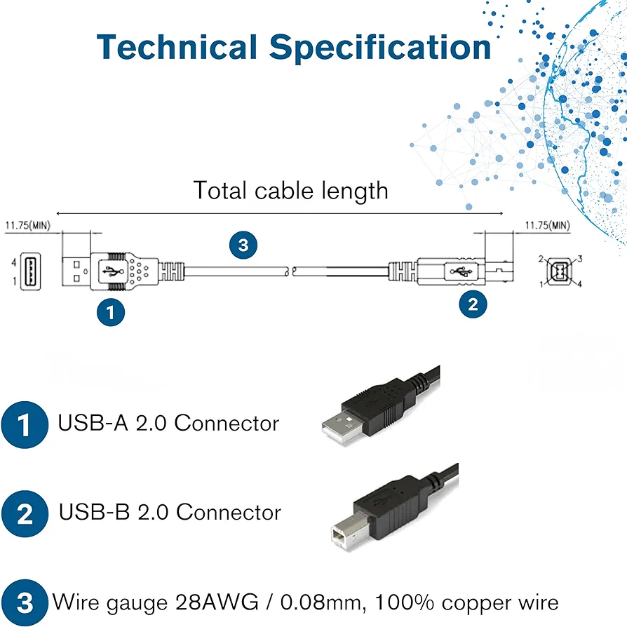 USB Cable, USB 2.0 Cable, USB A to B Cable,   (3 Meters), Black, Cables. 