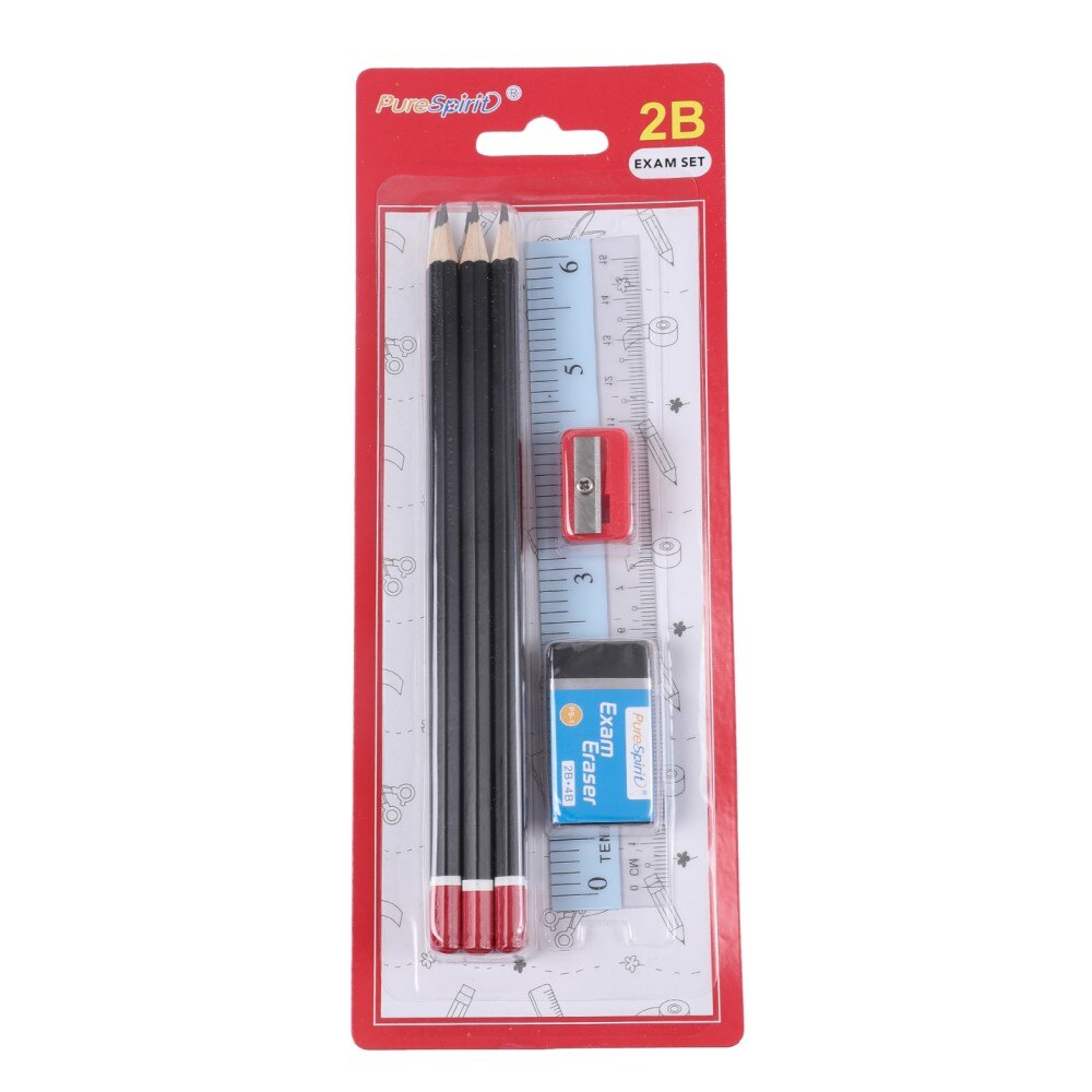 Exam Grade 2B Pencil Set 6pcs Graphite Pencils with Sharpener, Eraser & Ruler Stationery for Student School