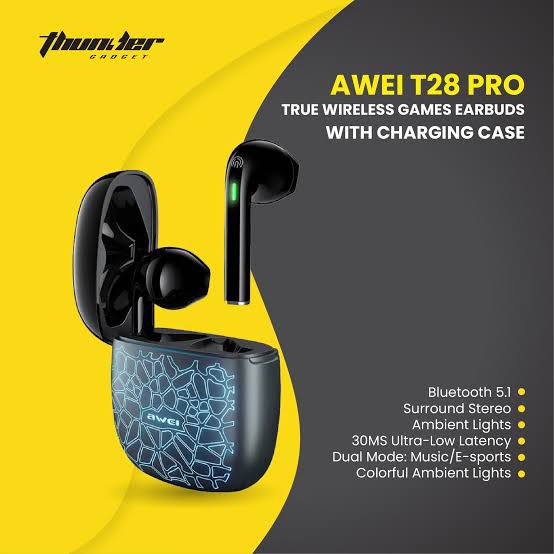 AWEI T28 Pro TWS RGB Ambient light Bluetooth v5.1 GAMING EARBUDS with Charging Case. 