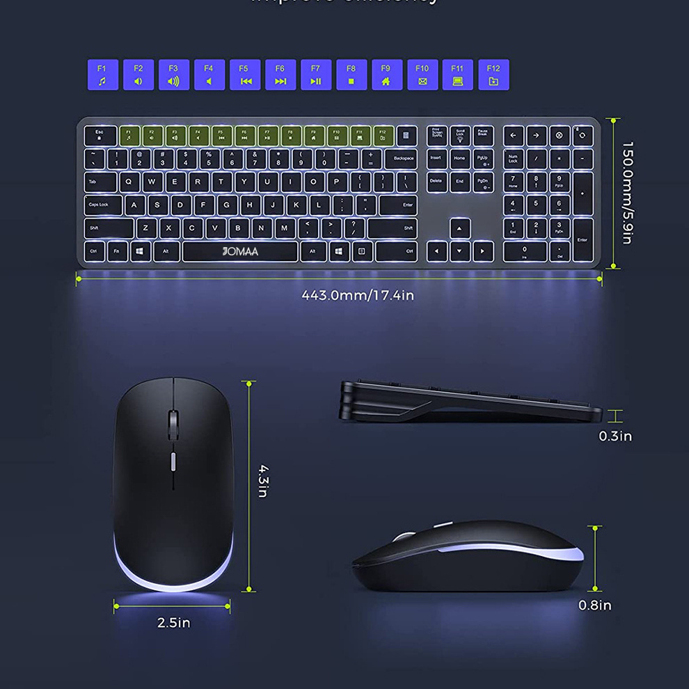 Jomaa Full-Size Backlight Wireless Keyboard and Mouse Combo for Laptop PC USB Silent Click Keyboard Mouse Set Rechargeable Spain. 