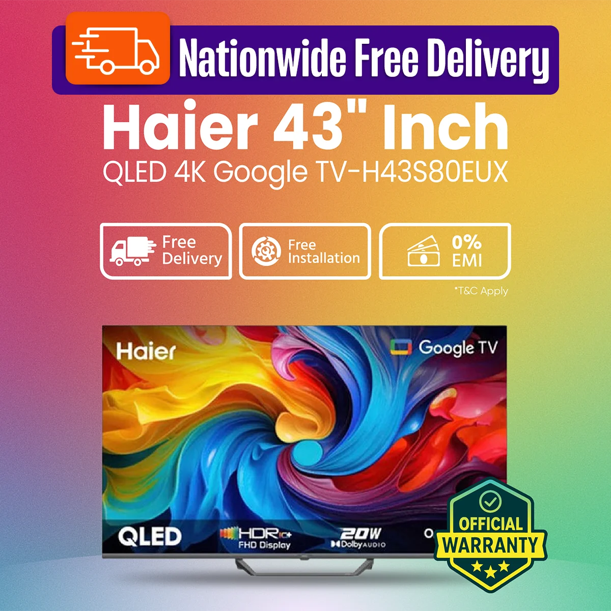 Haier 43 Inch QLED 4K Google TV H43S80EUX New Model Entry Level Gaming TV 📺 Official Warranty | Free Delivery | 0% EMI with Free Delivery