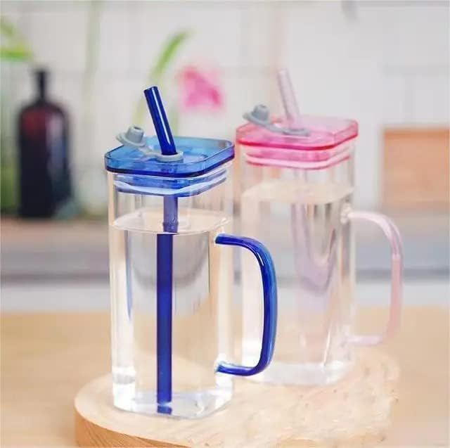 Premium-Square Mason Jar 400ml - Elegant Glass Container for Storage, Preservation and Decor, Airtight Lid, Versatile and Stylish Jar,Milkshake, Coffee & Juice Jar with Straw (Set of 1). 