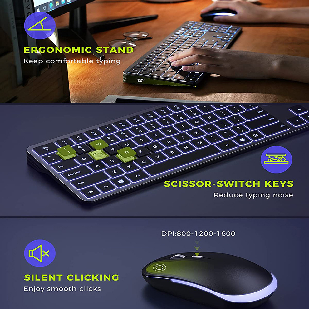 Jomaa Full-Size Backlight Wireless Keyboard and Mouse Combo for Laptop PC USB Silent Click Keyboard Mouse Set Rechargeable Spain. 