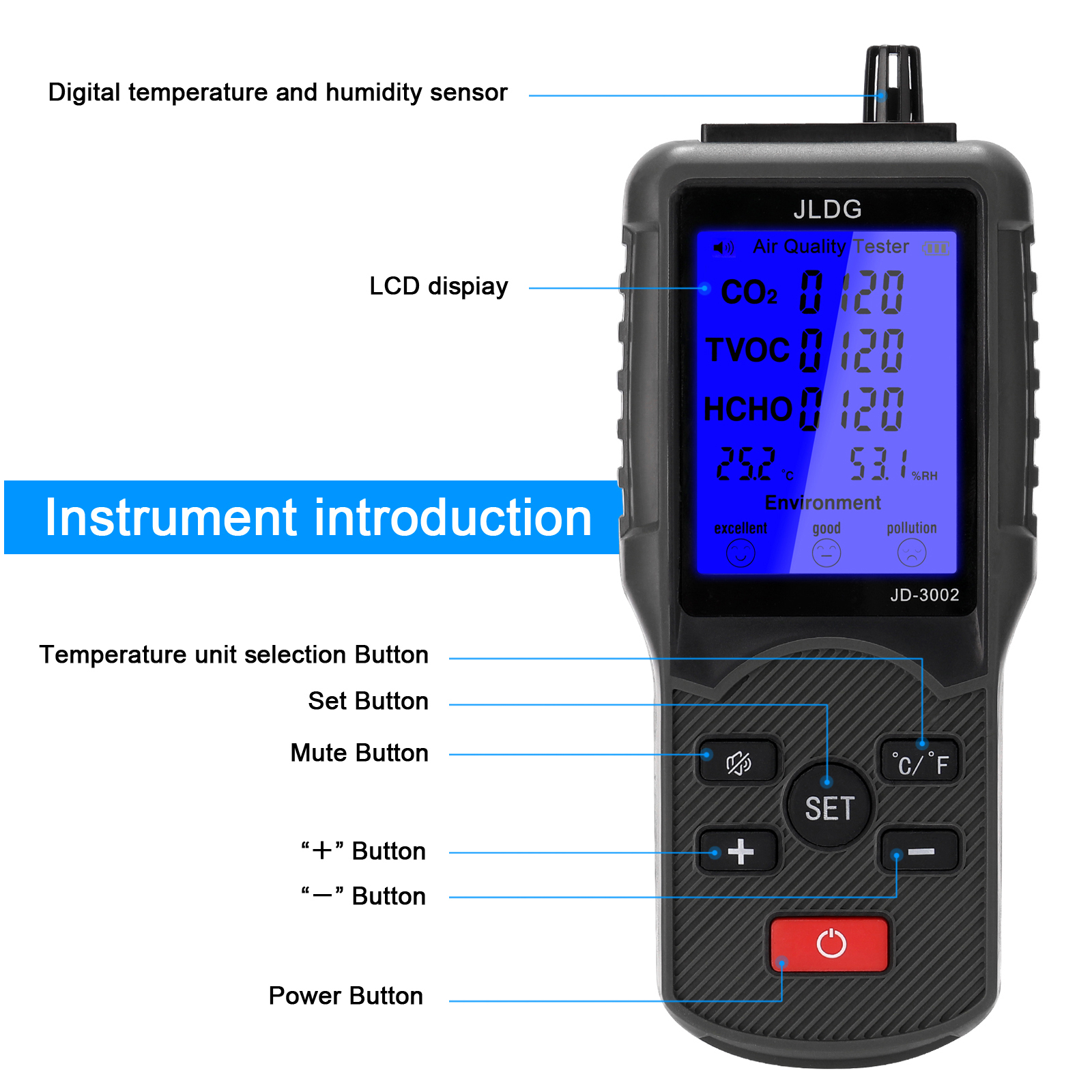 JD-3002 Air Quality Detector CO2 HCHO TVOC Temperature Humidity Measuring Device CO2 Meter Multifunctional Air Quality Analyzer. 