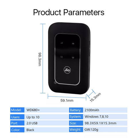 4G LTE-Advanced Mobile Wi-Fi Hotspot Pocket Router Jio WD680+. 