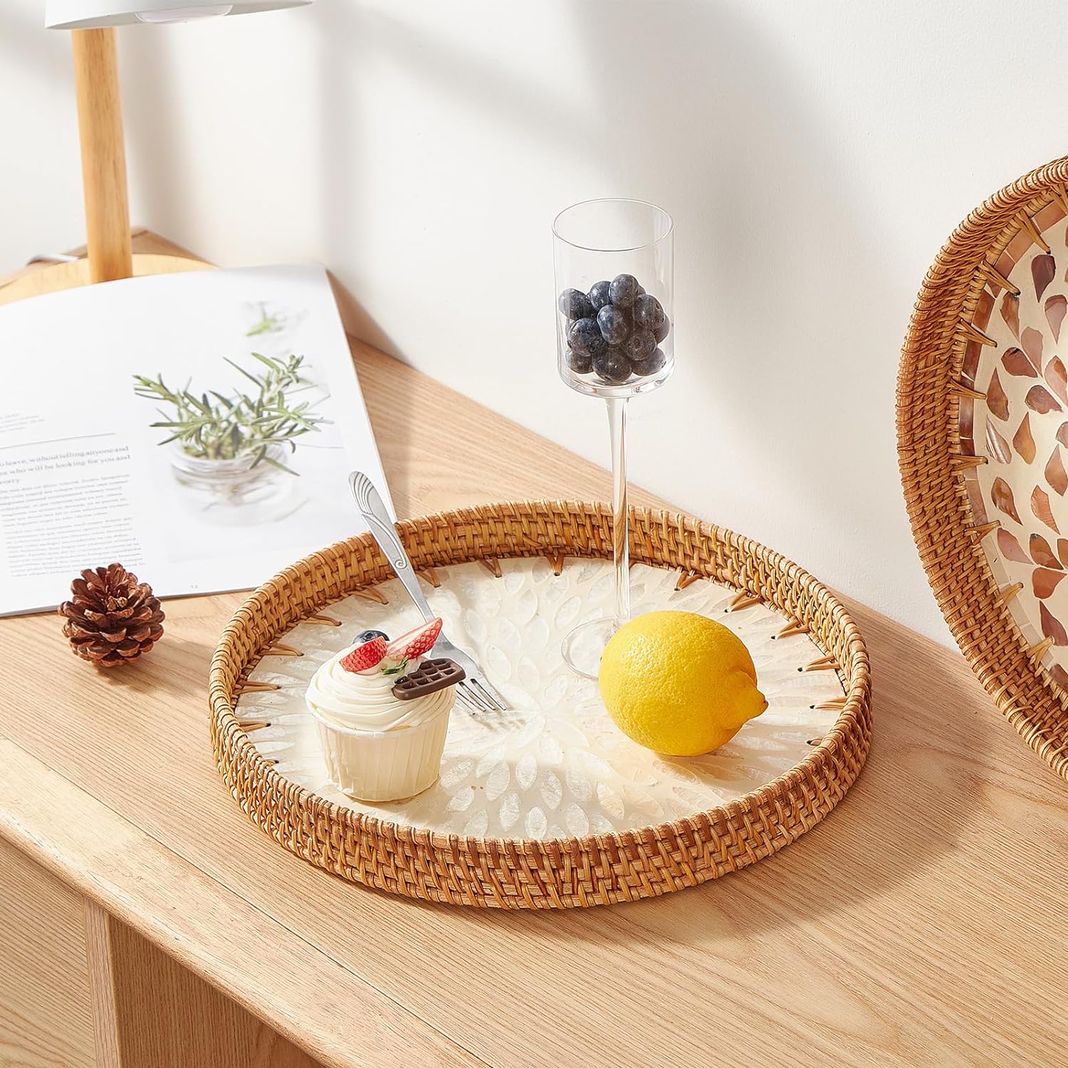Round Rattan Tray with Mother of Pearl Inlay Rattan Serving Tray Wooden Base Storage and Display of Coffee Bread Food Fruit. 