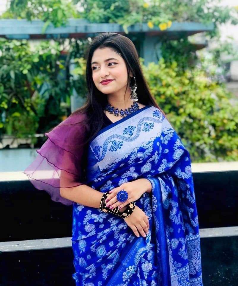 Tangail Semi Silk Katan Saree for Women - Blue and Silver - Beautiful and Comfortable - Suitable for All Seasons - Perfect Casual Wear