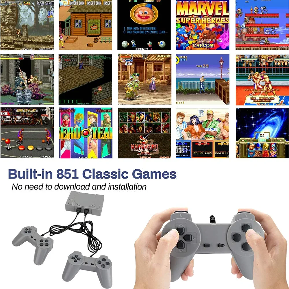 Welltop PlayStation Classic 8-bit PS1 Retro Video Game Console, Mini Video Games Consoles, Built-in 851 Games with 2 Gamepads, Support AV Out Family TV Retro Games Controller, Grey. 