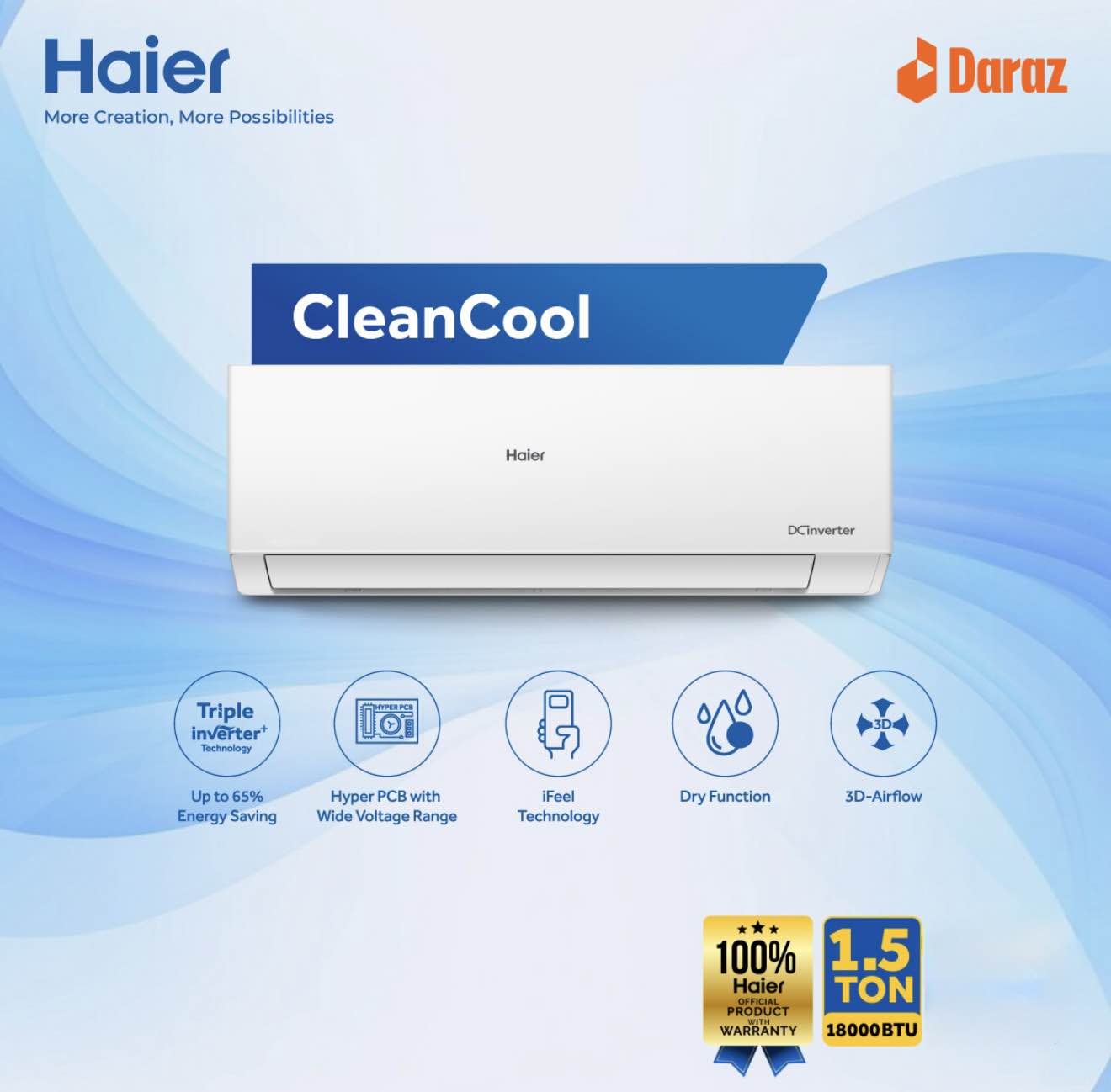 Haier 1.6 Ton CleanCool Inverter AC  19000btu [HSU-19CleanCool(INV)(Pro)