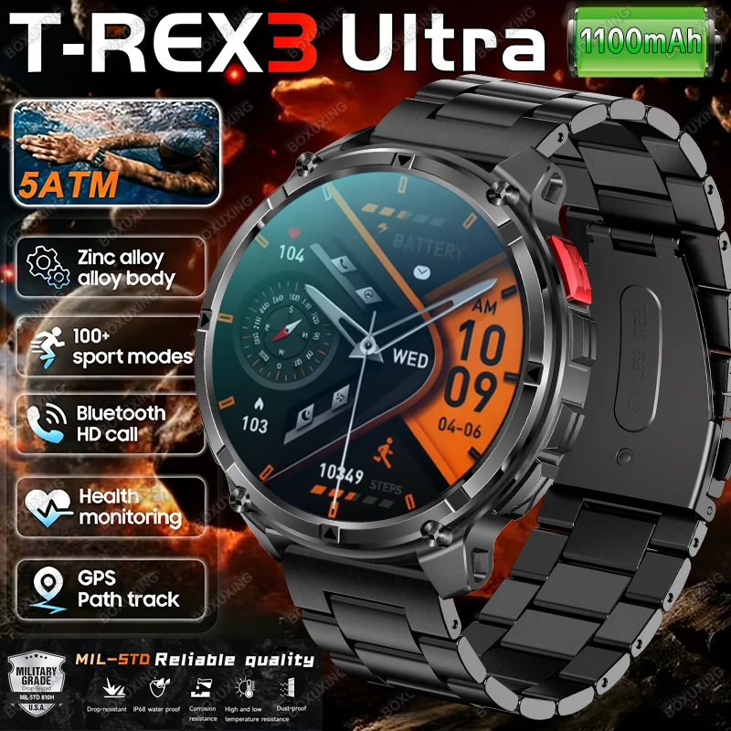 2026 New T-Rex 3 Ultra 1100mAh Smart Watch 5ATM Waterproof Outdoor Sports Track Heart Rate Compass Bluetooth Call Smartwatch