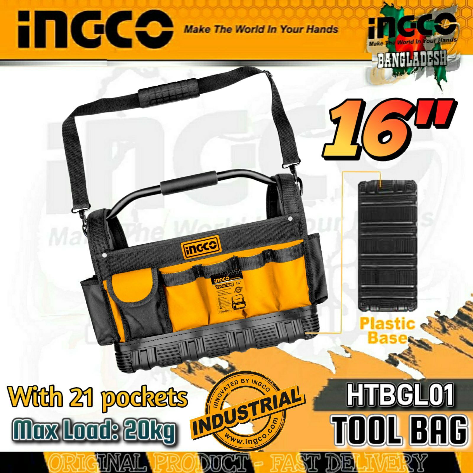 INGCO Tool Bag with 21pcs Pockets for tools and 1pcs Hanger for measuring tape HTBGL01. 