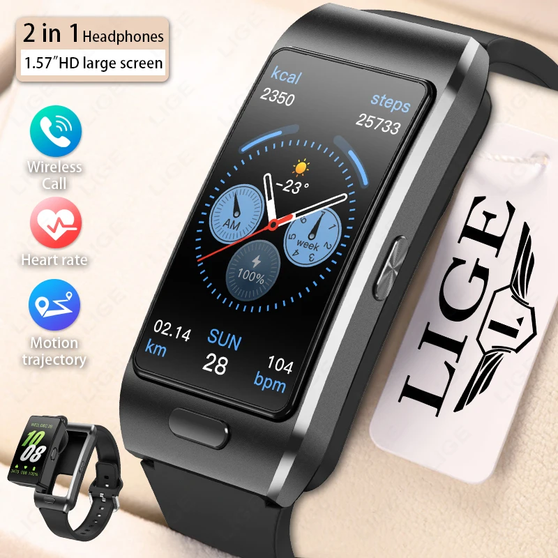 LIGE TWS 2 In 1 Men Women Smart Watch ECG  Waterproof Heart Rate Blood Oxygen Bluetooth Earphone Make Phone Calls 2026 New