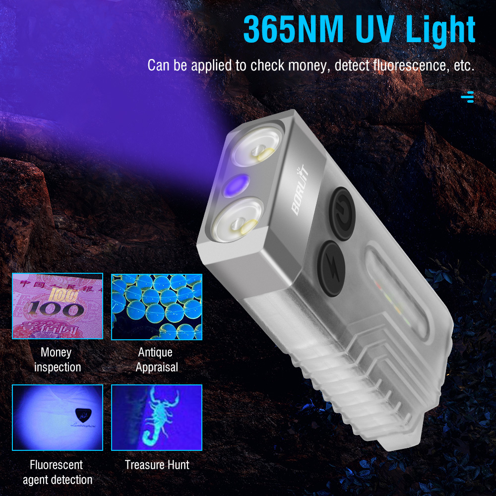 BORUiT V10 EDC Keychain LED Fluorescence Flashlight Type-C Rechargeable Torch Work Light Magnet Buzzer 365nm UV V3 Plus Lantern. 