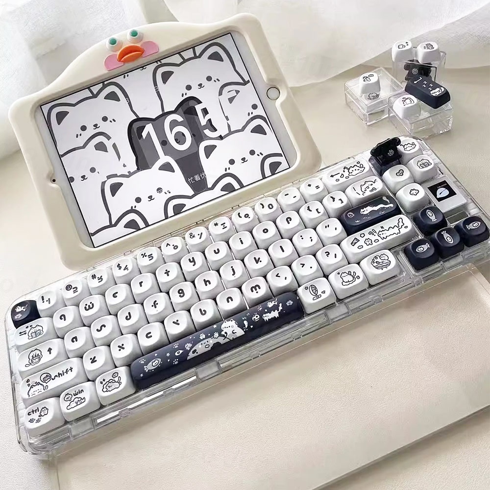 Naught Cat Black White Keycap 140 Keys MOA Profile PBT Keycaps Dye Sublimation for MX Switch Gaming Mechanical Keyboard Keycap. 