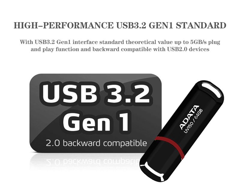 Original ADATAA UV150 USB3.2 High-speed Flash Usb Flash Drive Plug And Play Easy Portable USB Flash Drive Black 64GB. 