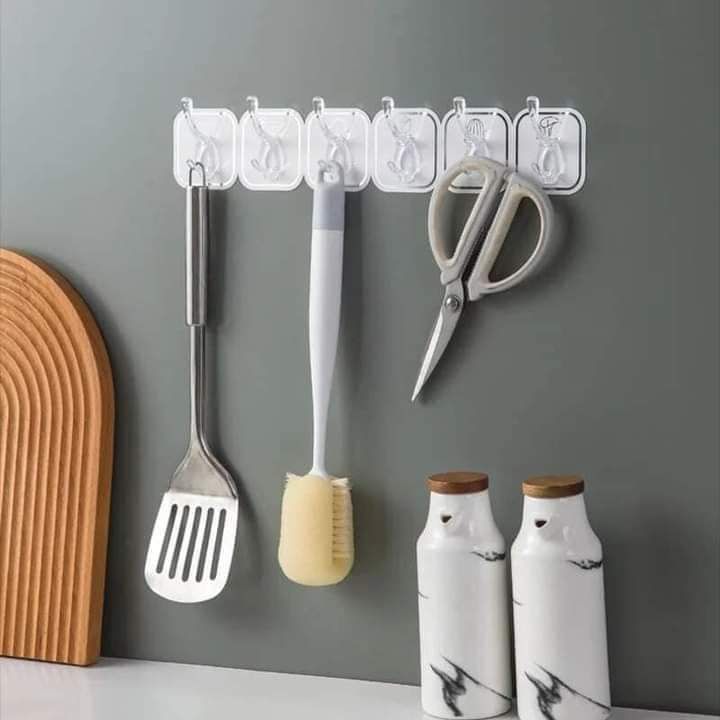 Transparent wall Hooks Without Drill Hanger 6 Piece. 