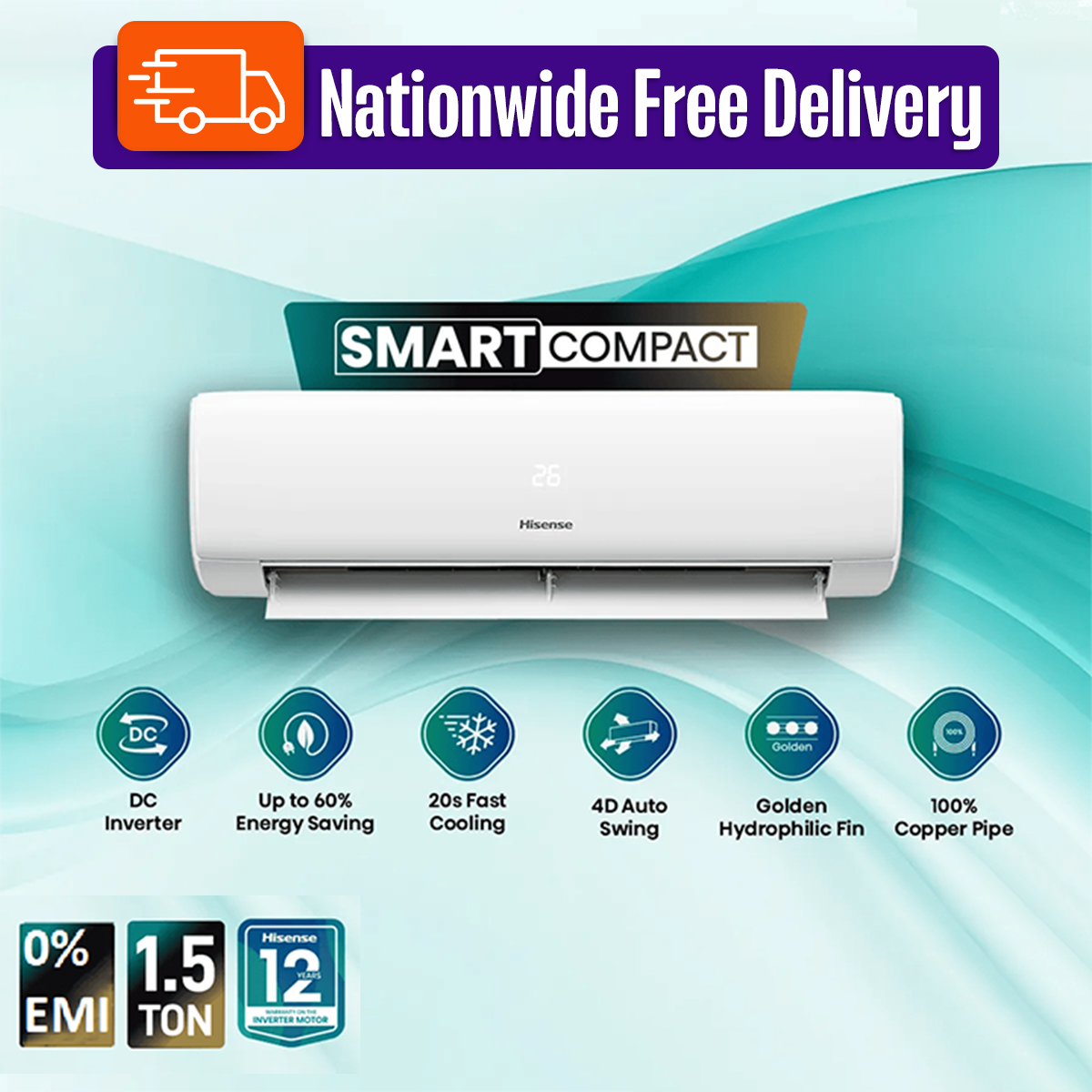 Hisense 1.5 Ton Smart Compact AC Model- AS18TW4RGSKB02D