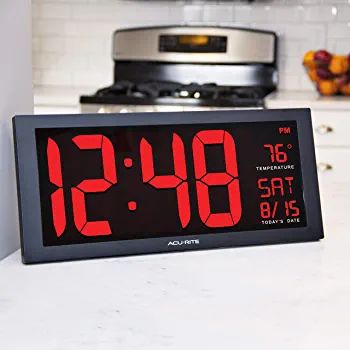 AcuRite Large Digital LED Oversized Wall Clock with Date and Temperature, Perfect for Home or Office (75127M), 14.5-Inch, Red. 