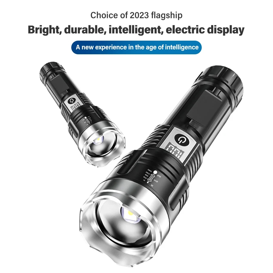 Powerful White Laser LED Flashlight Built-in Battery USB Rechargeable Zoom Torch With Power Display Outdoor Tactical Flashlights. 