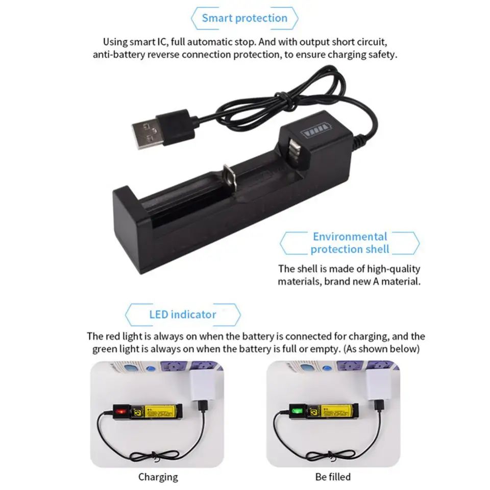 Usb Smart Single Slot Charger 18650 Lithium Charger Small Fan Flashlight Battery Charging Adapter With Indicator Light. 