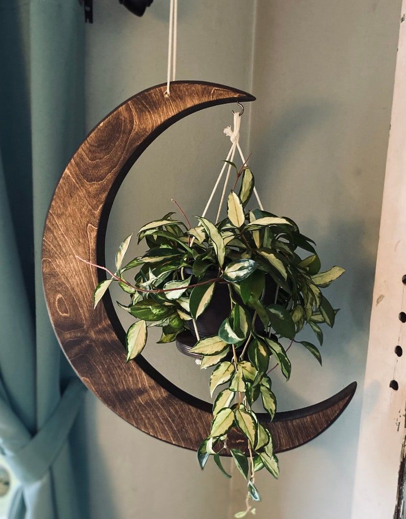 Moon, plant hanger, 13" inch plant stand, indoor planter 6" inch stand, wood plant hanger, birthday gift for wife, plant lover gift, witchy gift, planter