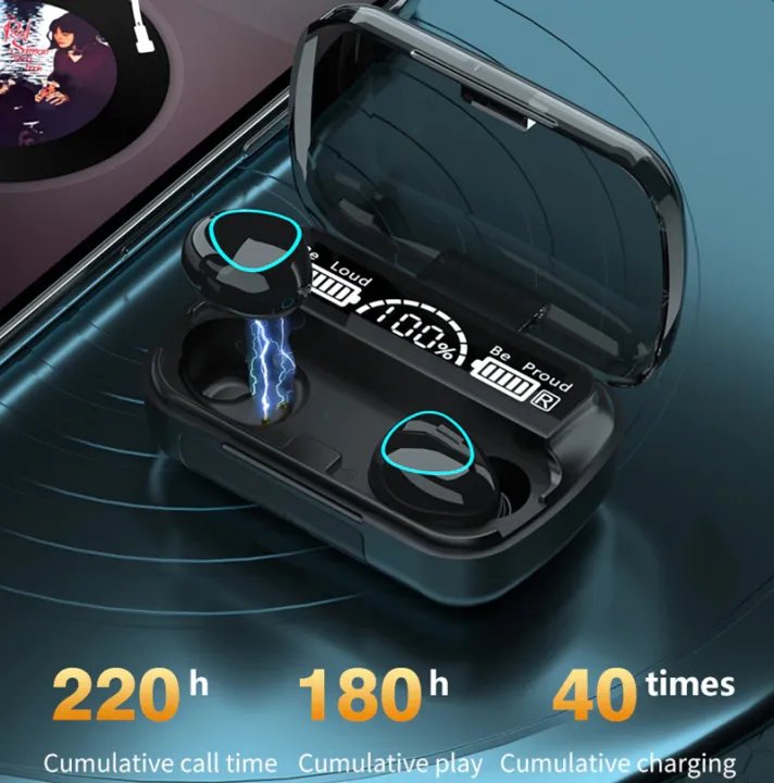M10 TWS Earphones - 9D Stereo, LED Digital Display, Touch Control, CVC 8.0 Noise Reduction Technology with 2000mAh Mini Power Bank Charging Box - Bluetooth Headphones. 