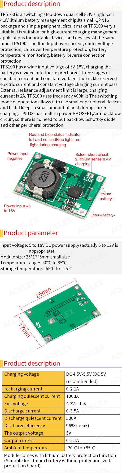 TP5100 4.2V 8.4V single and double cell lithium Battery charging lithium battery 2A charging board equivalent TP4056. 