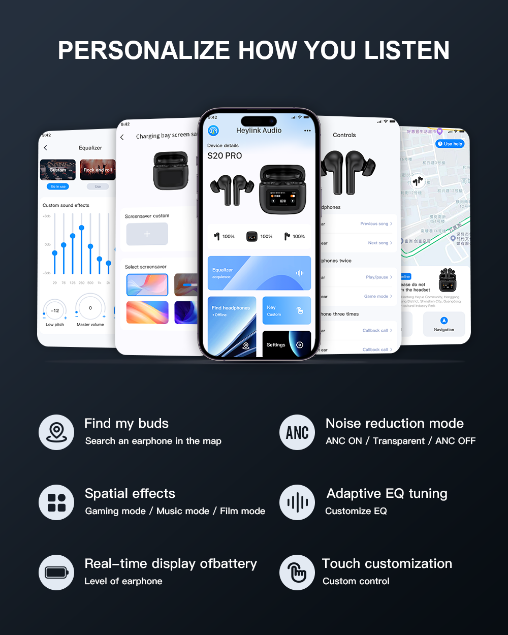 Wireless Earphones ANC Touch Screen TWS Noise Cancelling Earbuds BLUETOOTH 5.3 APP. 